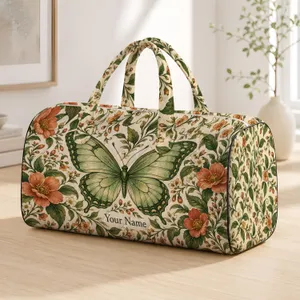 Sage Green Butterfly and Wildflower Garden for Romantic Getaways and Spring Escapes Quilted Weekend Bag