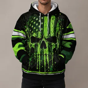 Neon Green Flag Skull for Rugged Outdoor Patriot Style and Bold Casual Weekend Wear All-over Print Hoodie (Lightweight)