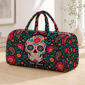 Colorful Sugar Skull and Floral Mandala for Yoga Retreats and Weekend Getaways and Road Trips Quilted Weekend Bag