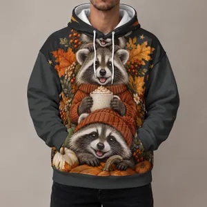 Three Cozy Raccoons and Autumn Pumpkins for Halloween and Thanksgiving Gatherings All-over Print Hoodie (Lightweight)