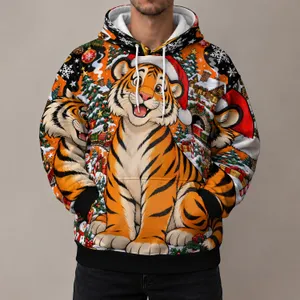 Orange Striped Tiger Santa Scene for Christmas Celebrations and Holiday Gift Giving All-over Print Hoodie (Lightweight)