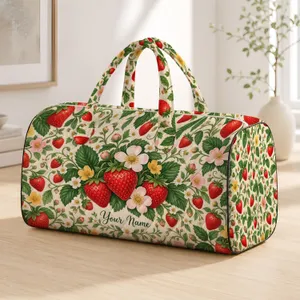 Scarlet Strawberries and Garden Blossoms for Cheerful Summer Getaways and Weekend Escapes Quilted Weekend Bag