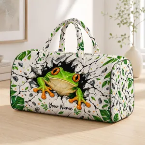 Cheerful Green Frog Breaking Through Cracks for Summer Travel and Adventure Lovers Quilted Weekend Bag