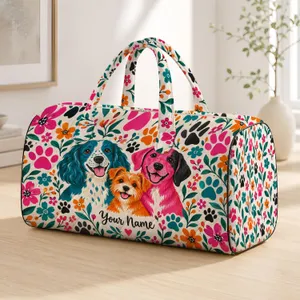Colorful Dog Faces and Paw Prints for Bright Spring Adventures with Your Favorite Pet Quilted Weekend Bag