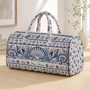 Navy Seashells and Coastal Wave Bands for Relaxed Summer Beach Getaways by the Shore Quilted Weekend Bag