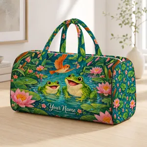 Cheerful Green Frogs And Orange Bird For Sunny Summer Getaways And Nature Lovers Quilted Weekend Bag