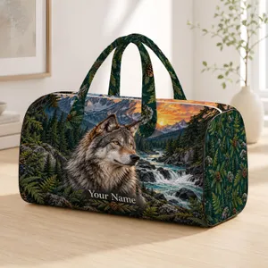 Wilderness Wolf and Evergreen River Valley for Scenic Road Trips and Outdoor Getaways Quilted Weekend Bag