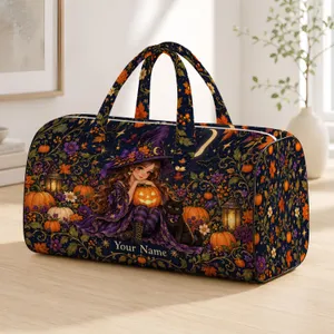 Moonlit Witch, Pumpkin and Black Cat for Enchanted Autumn Travel and Halloween Gifts Quilted Weekend Bag