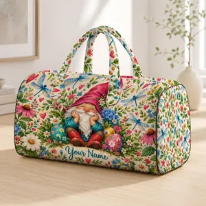 Whimsical Garden Gnome, Dragonflies and Hearts for Cheerful Weekend Getaways Quilted Weekend Bag