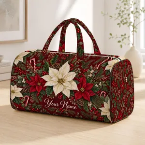 Burgundy Poinsettia and Holly Blooms for Cozy Winter Getaways and Holiday Travel Quilted Weekend Bag