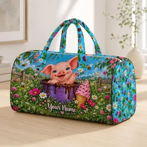 Smiling Piglet in Chocolate Pail with Bees and Blooms for Sunny Summer Getaways Quilted Weekend Bag
