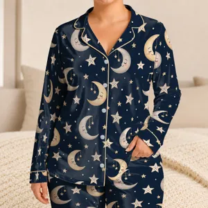 Crescent Moon And Star Night Sky Motif For Cozy Evening Lounging And Relaxed Homewear Satin Pajamas Set