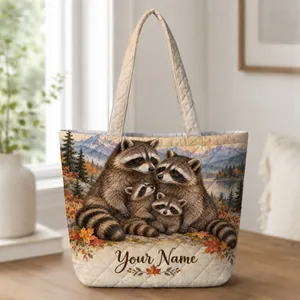 Autumn Raccoon Family Woodland Scene for Nature Lovers and Cozy Fall Adventures Quilted Tote Bag