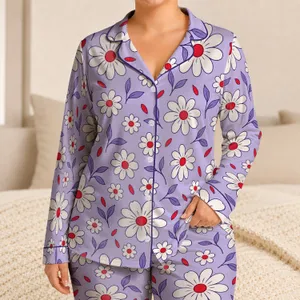 Lavender Daisies with Red Centers for Cozy Evenings and Relaxed Everyday Home Living Satin Pajamas Set