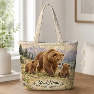 Mother Bear and Two Cubs in a Mountain Meadow for Nature-Loving Mothers and Hikers Quilted Tote Bag