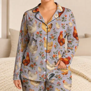 Farmhouse Chicken Motifs for Cozy Easter Mornings and Springtime Relaxation for Her Satin Pajamas Set