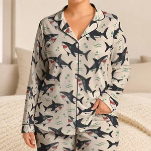 Playful Cartoon Sharks for Cozy Coastal Nights and Relaxed Everyday Lounging at Home Satin Pajamas Set