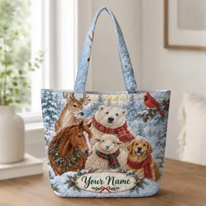 Winter Woodland Deer Bear Cardinal Horse Sheep Dog for Cozy Christmas Nature Lovers Quilted Tote Bag