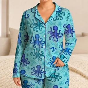 Blue Aqua Octopus Ocean Motifs for Relaxed Coastal Getaways and Summer Beach Lovers Satin Pajamas Set