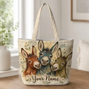 Three Donkey Friends with Wildflowers for Country Living and Farmhouse Gift Giving Women Quilted Tote Bag