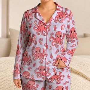 Cheerful Victory Sign Octopus Ocean Motif for Relaxed Coastal Weekends and Sea Lovers Satin Pajamas Set