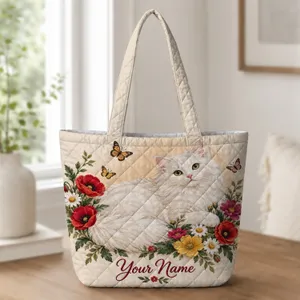White Cat And Wildflower Garden Gift For Cat Lovers And Cozy Cottage Style Quilted Tote Bag