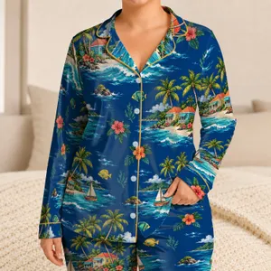 Tropical Island Palms, Lagoon Fish and Coastal Boats for Relaxed Summer Getaways Satin Pajamas Set