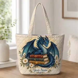 Blue Dragon With Antique Books and Daisies for Fantasy Reading and Cottagecore Gifts Quilted Tote Bag
