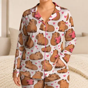 Cute Capybara And Pink Heart Motifs For Cozy Autumn Lounging And Winter Gift Giving Satin Pajamas Set