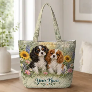 Cavalier Spaniel Puppies in a Garden for Dog Lovers and Springtime Gifting Quilted Tote Bag