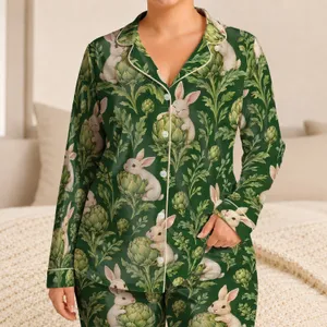 Artichoke-Hugging Bunny Botanical Motifs for Cozy Evenings and Garden-Loving Gifts Satin Pajamas Set