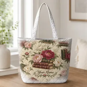 Vintage Peonies and Antique Books for Romantic Reading Days and Book Lovers Quilted Tote Bag