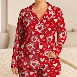Red And White Heart Motifs For Romantic Evenings And Cozy Valentine's Day Moments Together Satin Pajamas Set