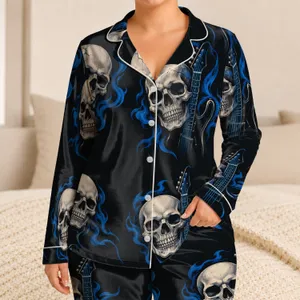 Blues Guitar Skull Motifs for Rock Music Fans and Easy Weekend Lounging at Home Satin Pajamas Set