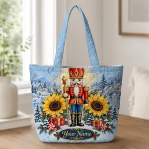 Nutcracker Soldier and Sunflowers for a Whimsical Christmas Holiday Gift Quilted Tote Bag