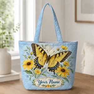 Golden Butterfly And Wildflowers For Spring Garden Gifts For Nature Loving Mothers Quilted Tote Bag