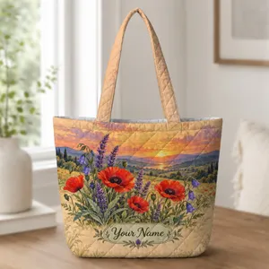 Colorful Sunset Wildflower Meadow Keepsake for Nature Lovers and Garden Enthusiasts Quilted Tote Bag