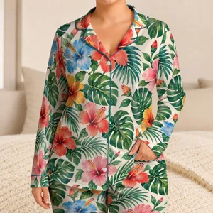 Tropical Hibiscus and Palm Leaves for Relaxed Island Getaways and Summer Lounging Satin Pajamas Set