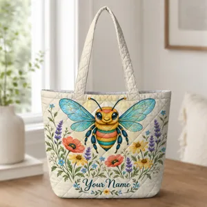 Colorful Bee and Wildflower Garden for Springtime Gifts for Nature Lovers and Gardeners Quilted Tote Bag