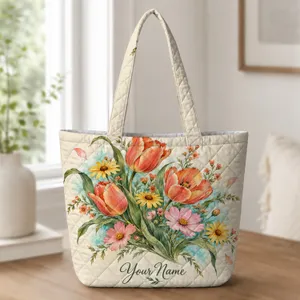 Wildflower Tulips and Daisies for Garden Lovers and Spring Birthday Gifts Quilted Tote Bag