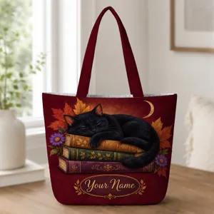 Black Cat on Autumn Books for Cozy Fall Reading and Cottagecore Seasonal Gifts for Her Quilted Tote Bag