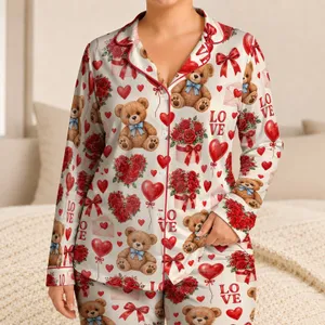 Teddy Bears With Rose Hearts And Ribbon Bows For Romantic Valentine’s Day Gifting Satin Pajamas Set