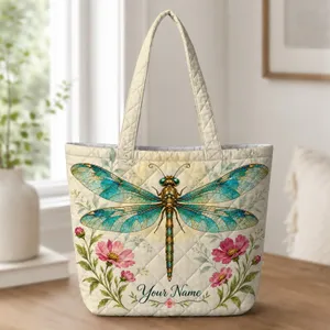 Colorful Dragonfly and Wildflowers for Garden Days, Nature Lovers and Her Gift Quilted Tote Bag