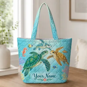 Sea Turtle Ocean Scene for Beach Holidays and Summer Gifts for Women Nature Lovers Quilted Tote Bag