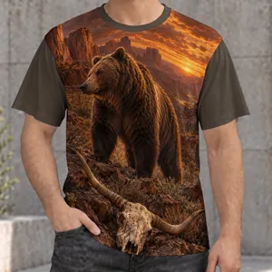 Brown Bear and Longhorn Skull in Desert Canyon for Rugged Outdoor Weekend Style All-over Print Unisex T-shirt