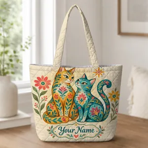 Colorful Folk Art Cats With Florals for Cat Lovers and Animal-Themed Gifts Quilted Tote Bag