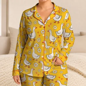 Cheerful White Duck And Daisy Motifs For Cozy Everyday Lounging And Family Downtime Satin Pajamas Set