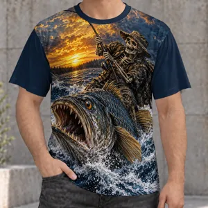 Skeleton Angler and Giant Fish at Sunset for Weekend Fishing and Outdoor Adventure All-over Print Unisex T-shirt