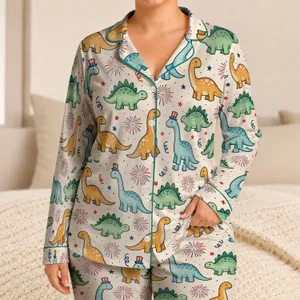 Playful Dinosaur Fireworks for Summer Celebrations and Fourth of July Fun for Kids Satin Pajamas Set