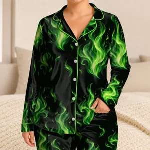 Emerald Green Flame Motifs for Bold Summer Beachside Relaxation and Coastal Getaways Satin Pajamas Set